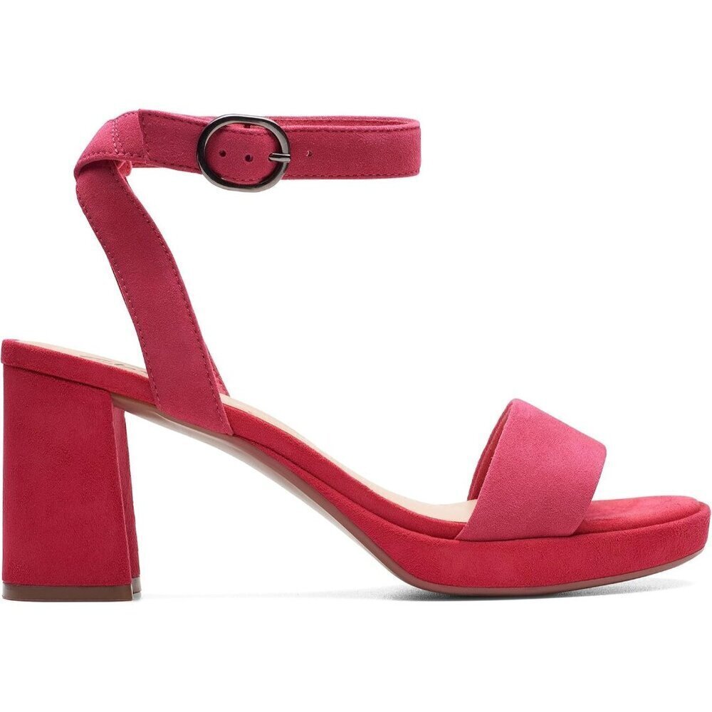 Clarks Women Fuchsia Suede Leather Open Rounded Toe Ankle Buckle Heeled Sandal